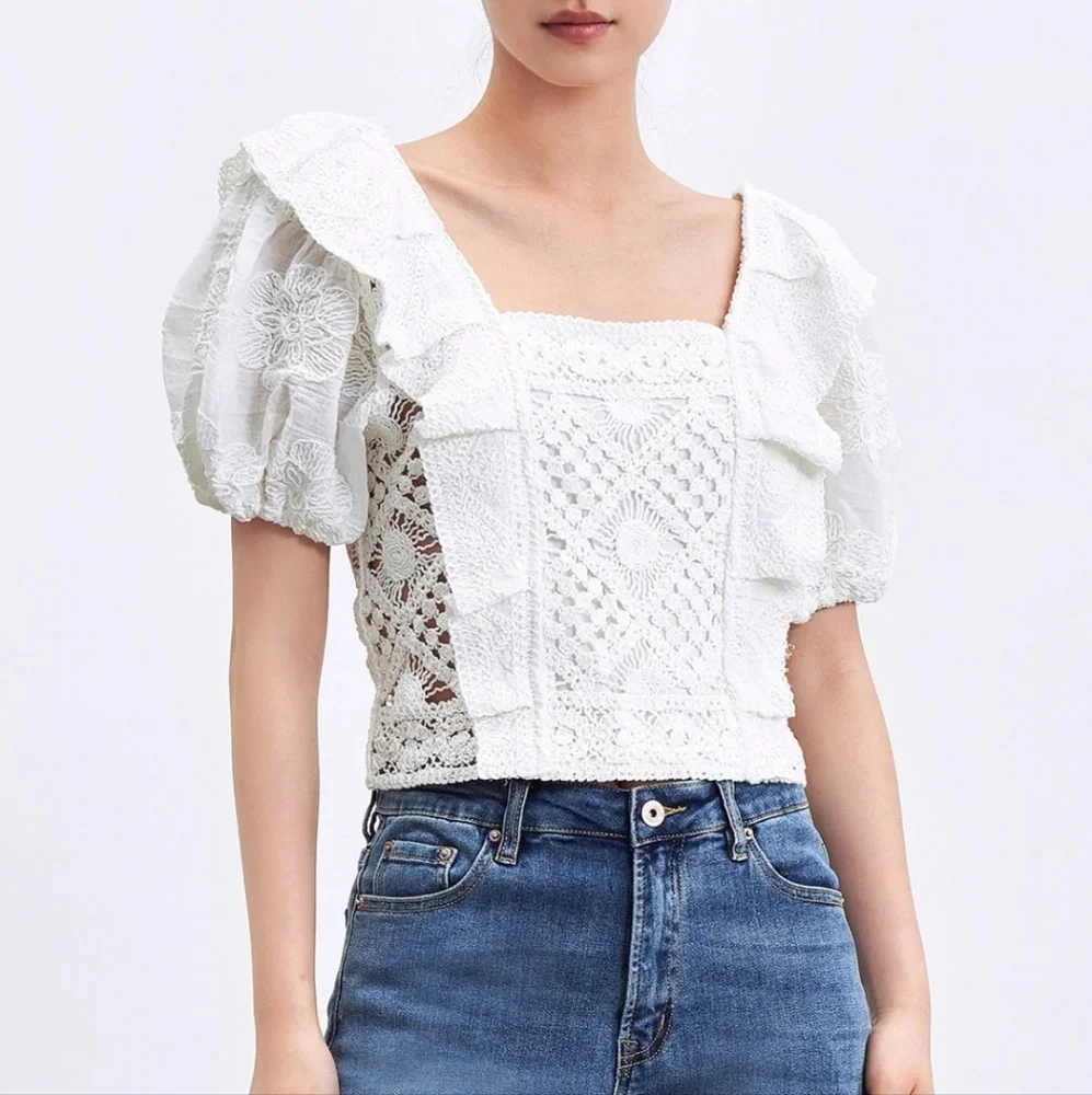NEW Puff Sleeve Square Collar Cotton Knitted T-Shirt - Picture 1 of 3